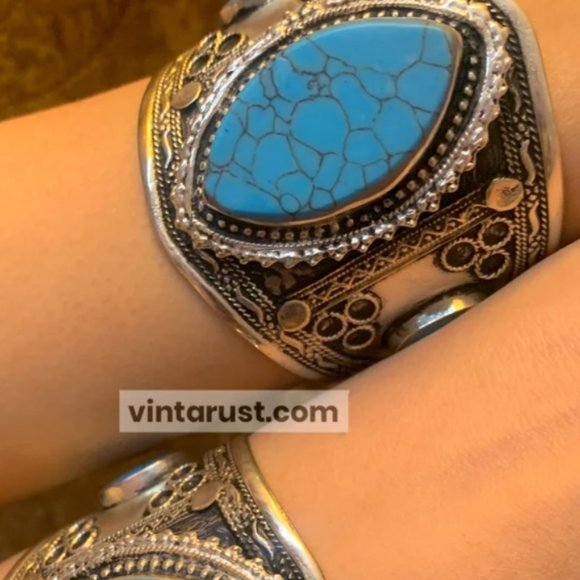 Single Ethnic Turquoise Stone Handcuff Bracelet-Afghan Kuchi Bracelet - Picture 9 of 16